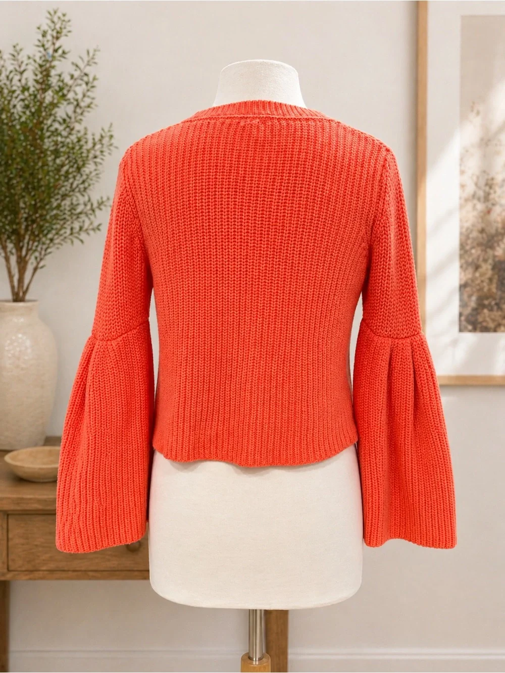 Free People Chunky Knit Sweater Small Orange Bell Sleeve Cropped Cotton Boho